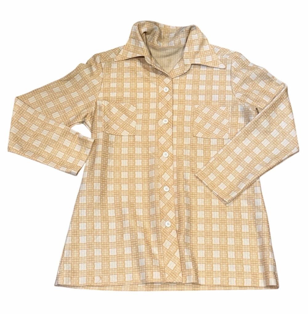 Vintage 1970s Yellow Plaid Button Down Shirt Mens Retro Dagger Collar Disco